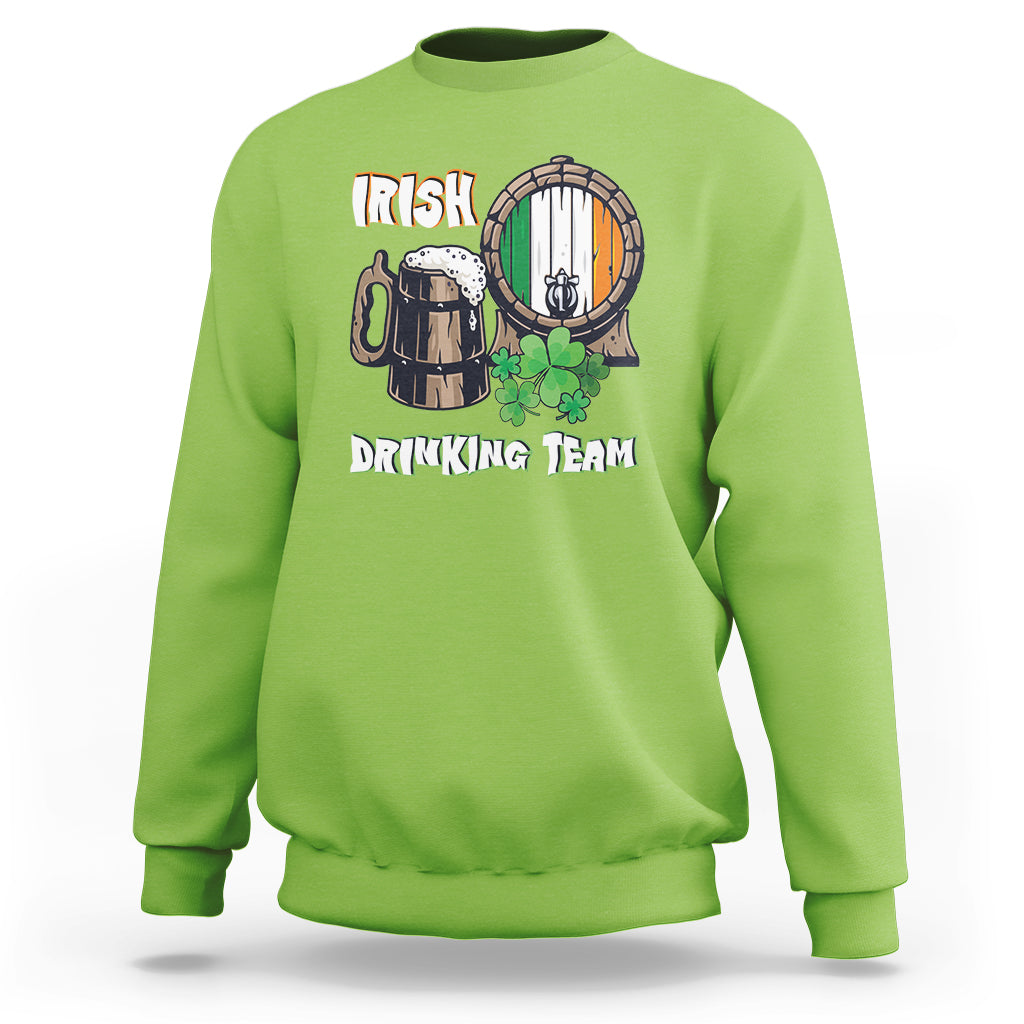 Lime green crewneck sweatshirt with beer mug, barrel, and clover graphic