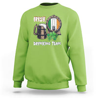 Lime green crewneck sweatshirt with beer mug, barrel, and clover graphic