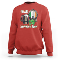 Red crewneck sweatshirt with beer mug, barrel, and clover graphic