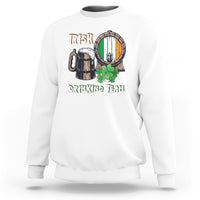 White crewneck sweatshirt with beer mug, barrel, and clover graphic