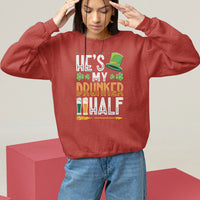 Red crewneck sweatshirt with “He’s My Drunker Half” St. Patrick’s graphic
