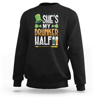 Black crewneck sweatshirt with “She’s My Drunker Half” graphic and clover beer motif