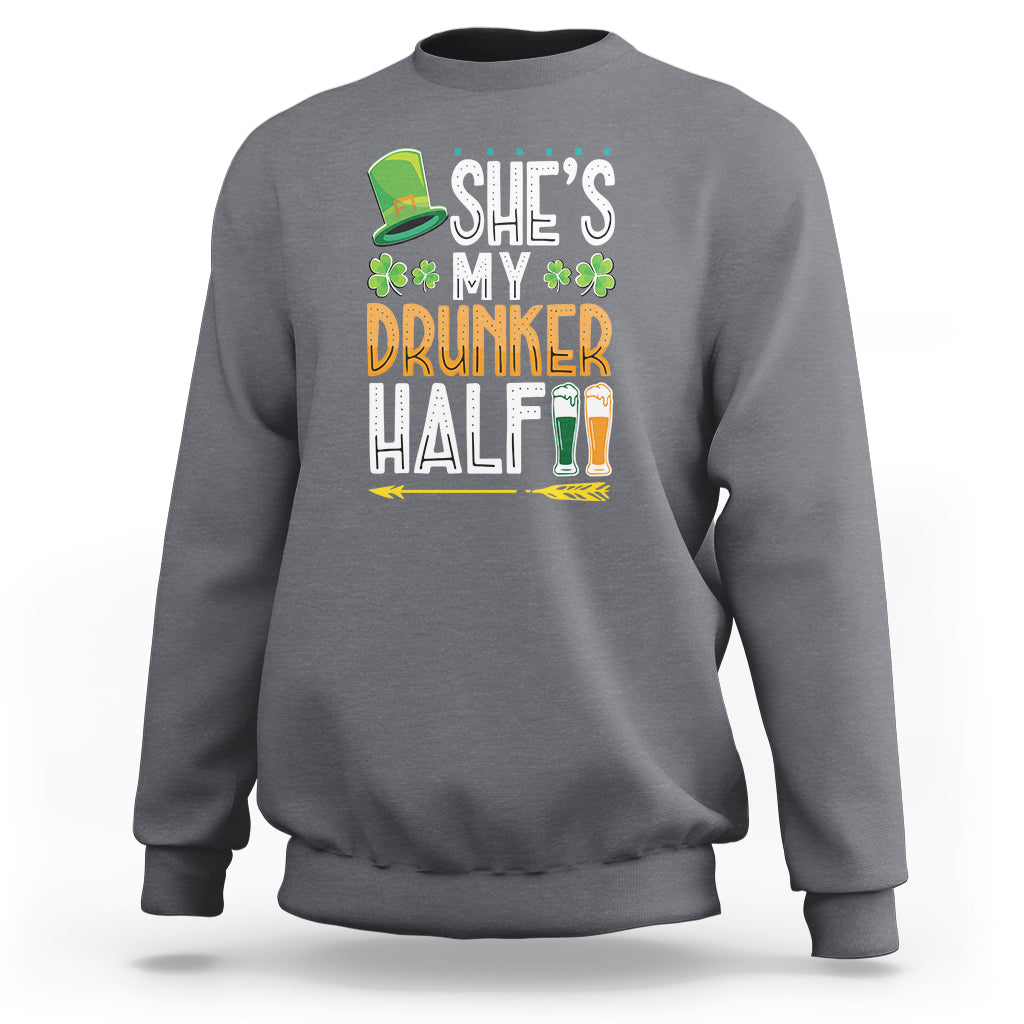 Charcoal gray crewneck sweatshirt with “She’s My Drunker Half” graphic and clover beer motif