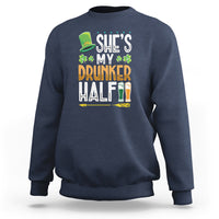 Navy crewneck sweatshirt with “She’s My Drunker Half” graphic and clover beer motif