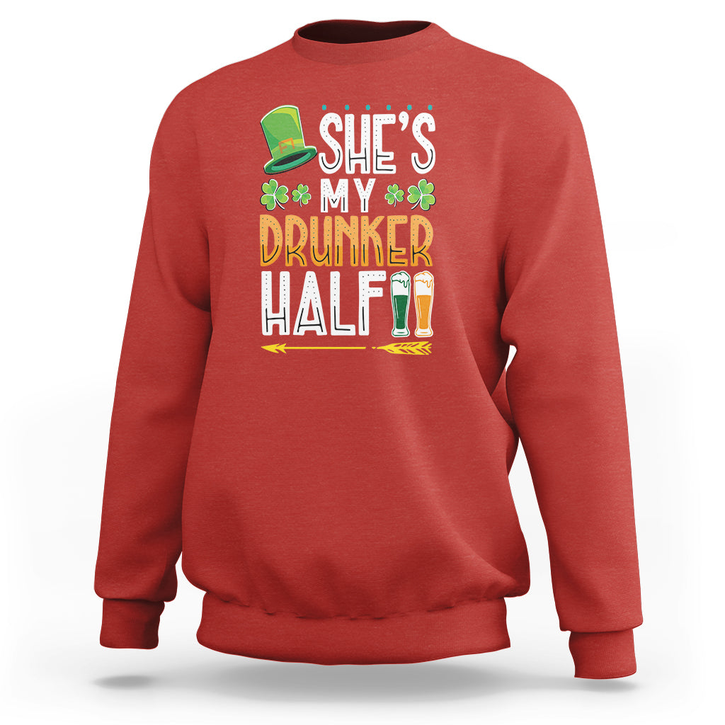 Red crewneck sweatshirt with “She’s My Drunker Half” graphic and clover beer motif