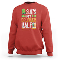 Red crewneck sweatshirt with “She’s My Drunker Half” graphic and clover beer motif