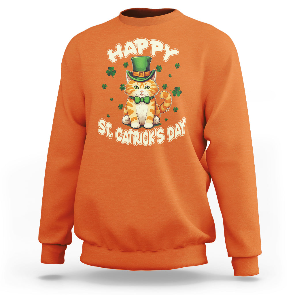 Orange St. Patrick’s day lucky cat sweatshirt with shamrock graphic on chest