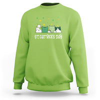 Lime green sweatshirt with St. Cat Rick's Day lucky cat and shamrock graphic