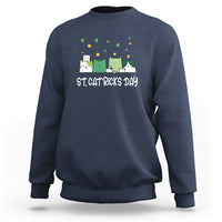Navy blue sweatshirt with St. Cat Rick's Day lucky cat and shamrock graphic
