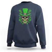 Navy blue sweatshirt with sugar skull wearing green hat and shamrock clover graphic