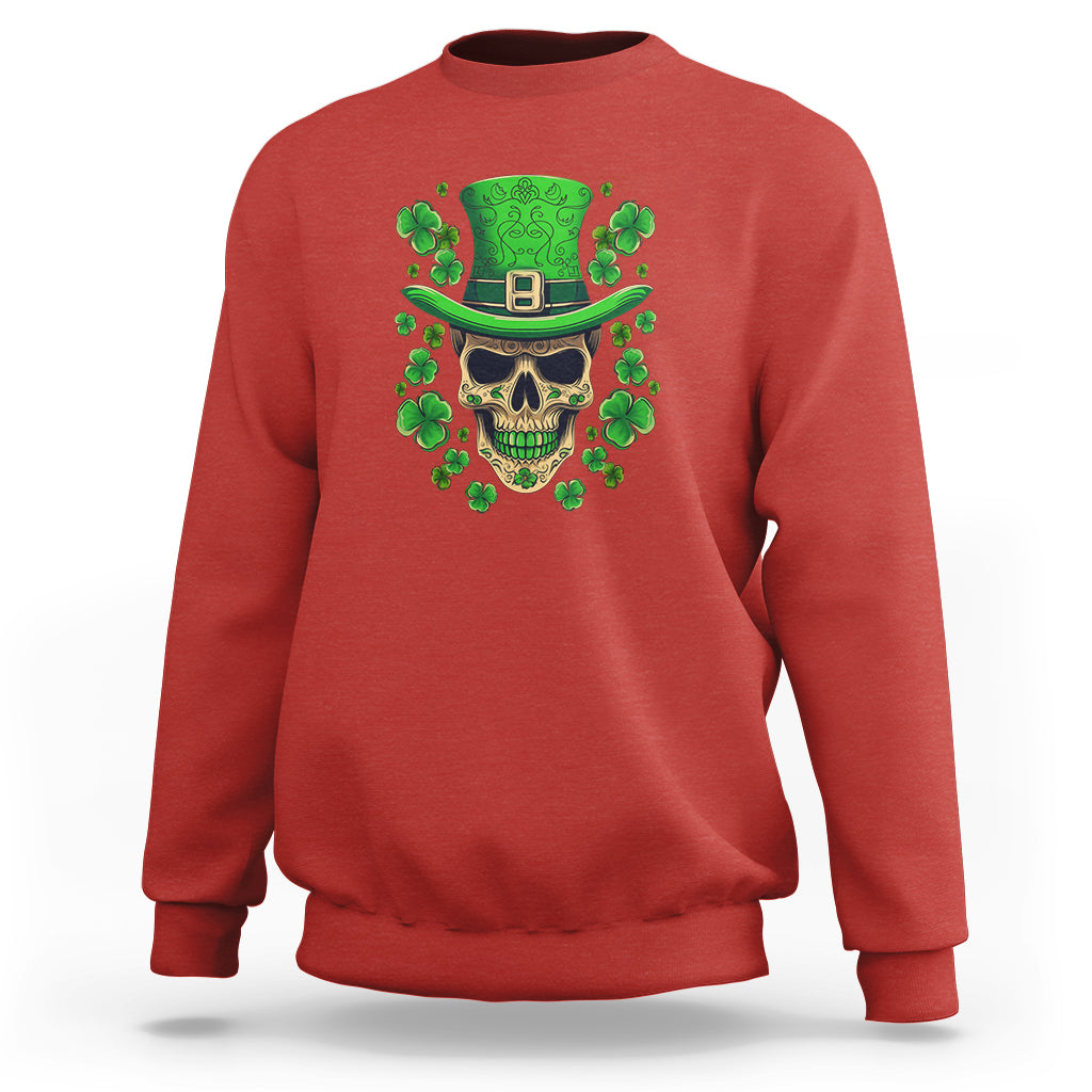 Red sweatshirt with a sugar skull in a green hat surrounded by shamrock clovers