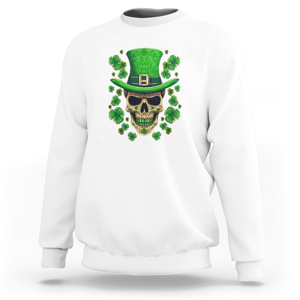 White sweatshirt with a skull wearing a green hat and shamrock clover graphic