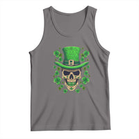 Gray tank top with sugar skull graphic, green shamrocks and leprechaun hat