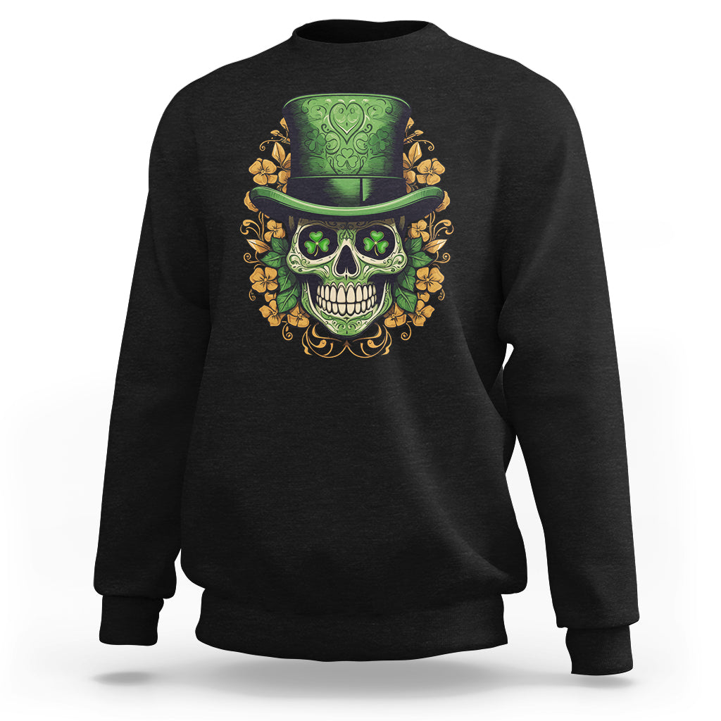St. Patrick's Day sweatshirt in black with sugar skull top hat and shamrock graphic