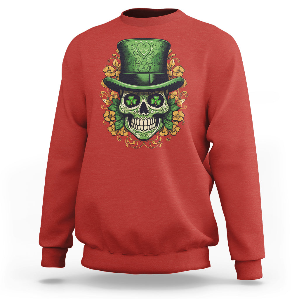 St. Patrick's Day sweatshirt in red with sugar skull top hat and shamrock graphic