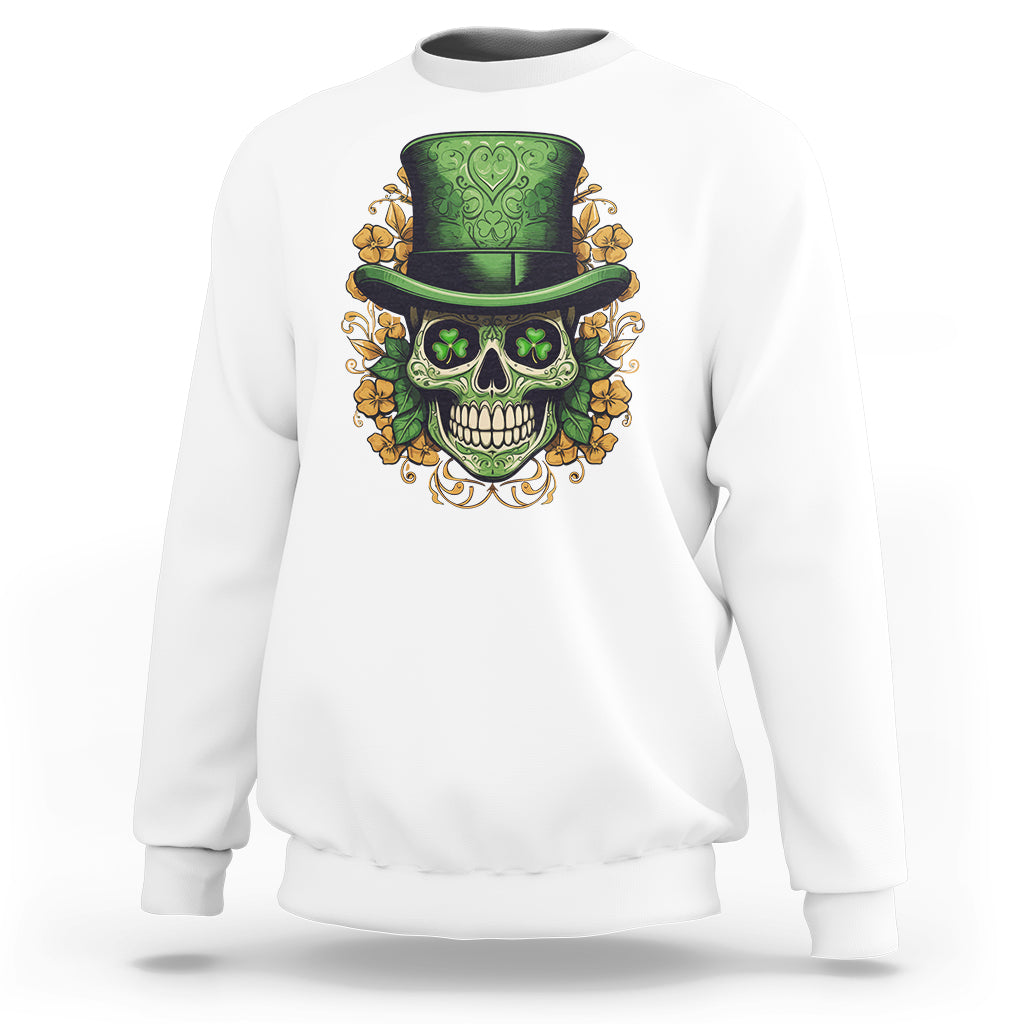 St. Patrick's Day sweatshirt in white with sugar skull top hat and shamrock graphic