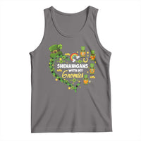 St. Patrick's Day tank top in gray with green shamrock gnomes graphic