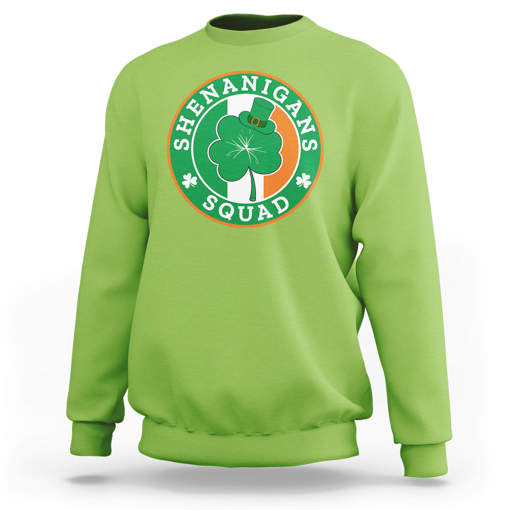 Lime green sweatshirt with round “Shenanigans Squad” graphic featuring clover and hat
