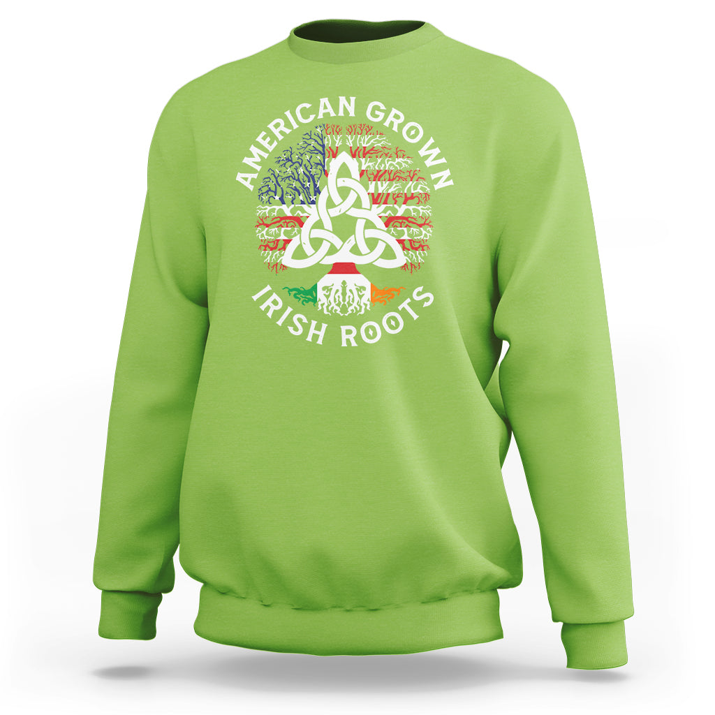 Lime green sweatshirt with Celtic knot and Irish flag “Irish Roots” graphic