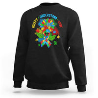 Autism awareness sweatshirt, black with colorful puzzle flower graphic and text