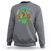 Autism awareness sweatshirt, charcoal gray with colorful puzzle flower graphic and text