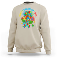 Autism awareness sweatshirt, sand/beige with colorful puzzle flower graphic and text