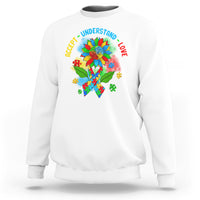 Autism awareness sweatshirt, white with colorful puzzle flower graphic and text