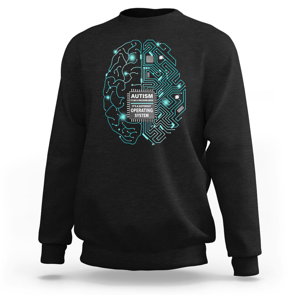 Black crewneck sweatshirt with turquoise autism awareness brain-circuit graphic on chest