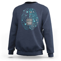 Navy crewneck sweatshirt with turquoise autism awareness brain-circuit graphic on chest