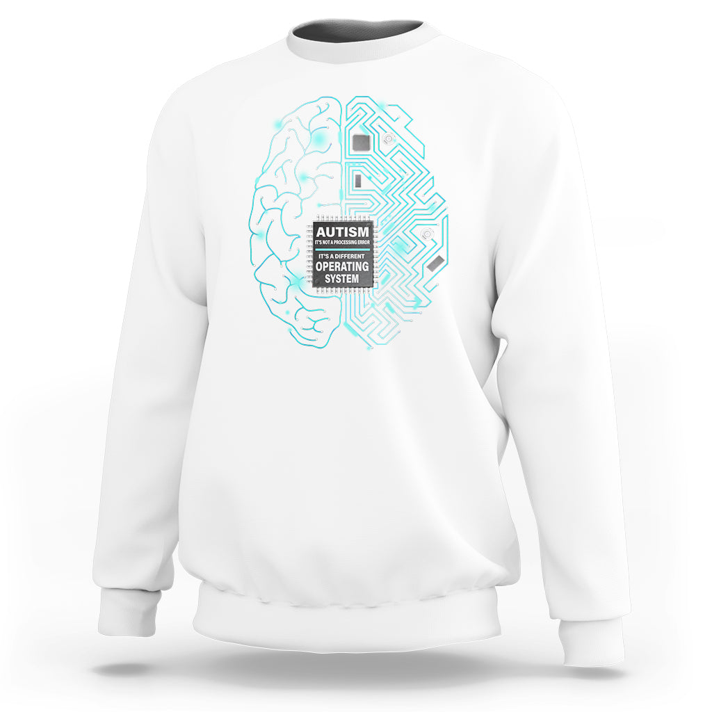 White crewneck sweatshirt with turquoise autism awareness brain-circuit graphic on chest