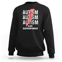 Black autism sweatshirt with front “AUTISM is my superpower” graphic and lightning icon