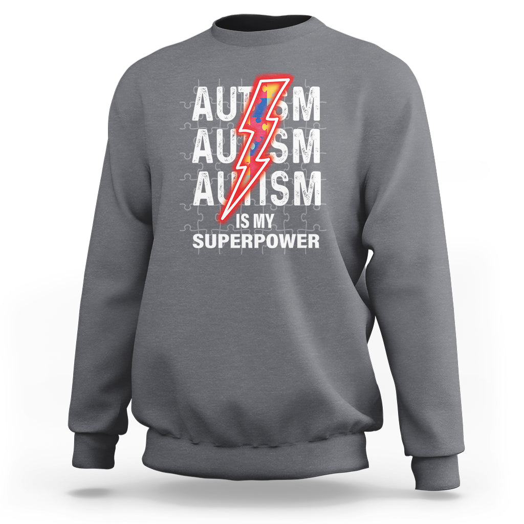 Charcoal gray autism sweatshirt with front “AUTISM is my superpower” graphic and lightning icon