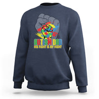 Navy crewneck sweatshirt with Autism Dad heart graphic and bold green text.