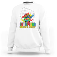 White crewneck sweatshirt with Autism Dad heart graphic and bold green text.