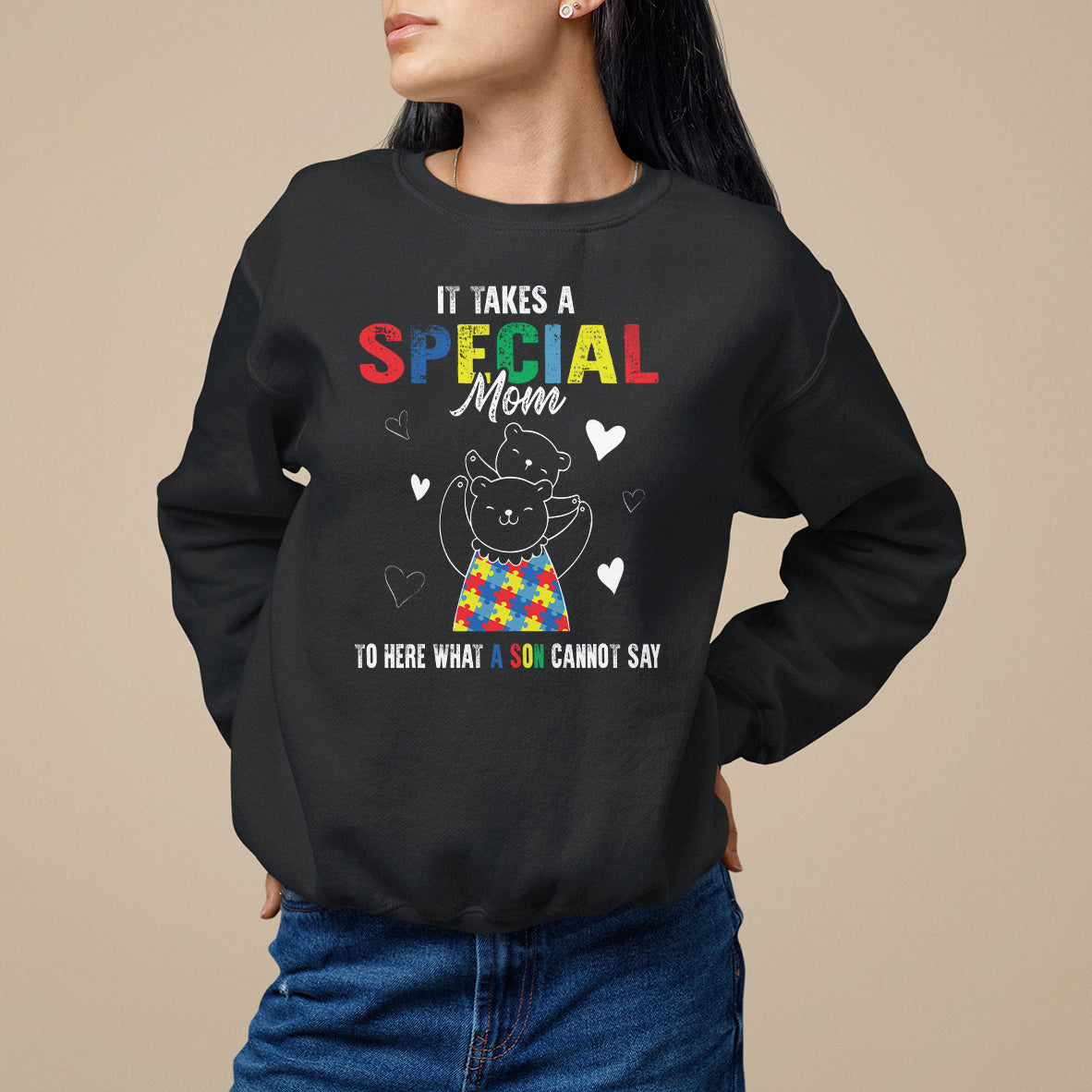 Autism awareness sweatshirt, black crewneck with “Special Mom” graphic and cat in hearts