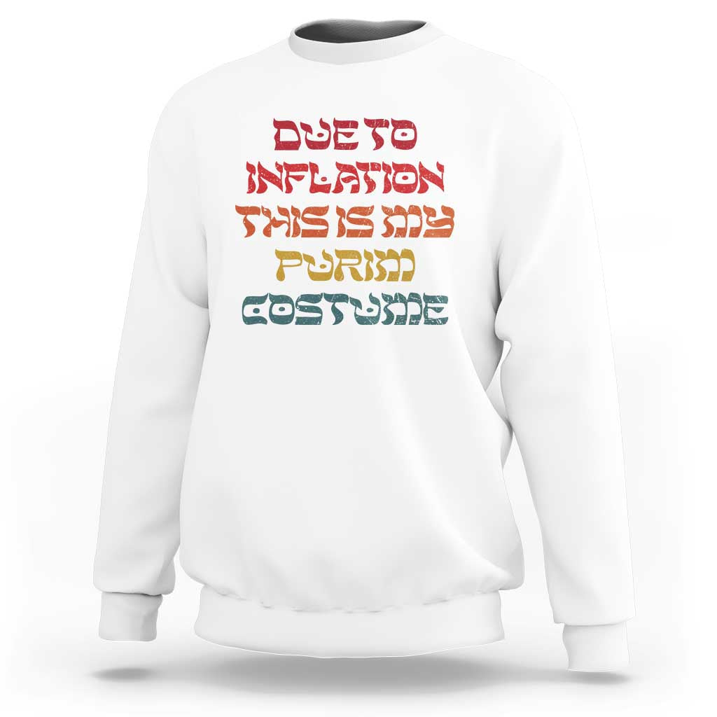 White crewneck sweatshirt with colorful Hebrew-style text graphic on the chest