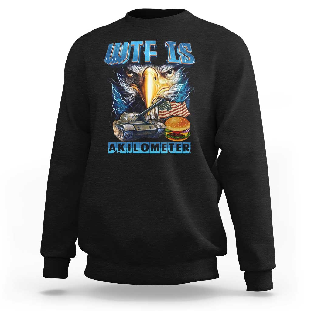Black crewneck sweatshirt with eagle head graphic and AKILOMETER text