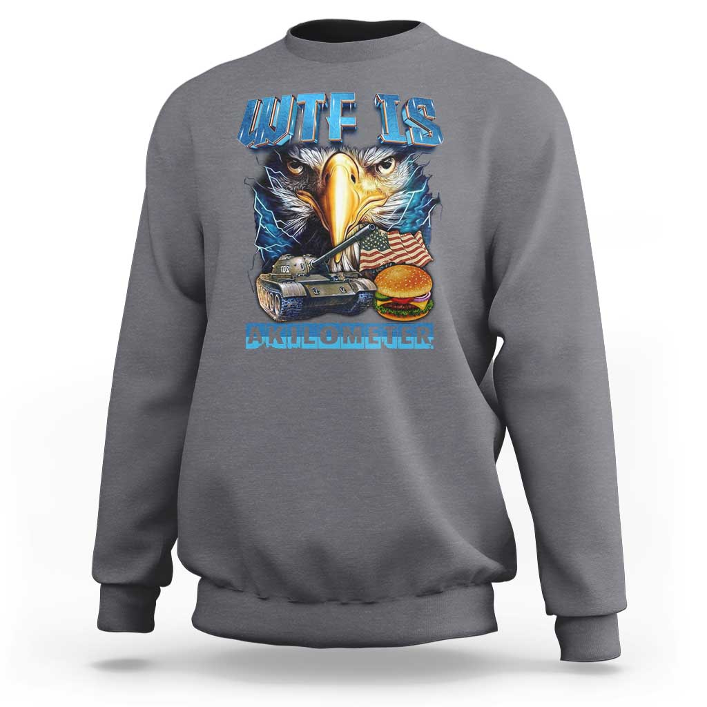 Charcoal gray crewneck sweatshirt with eagle, American flag, and AKILOMETER graphic