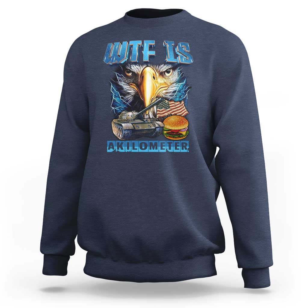 Navy crewneck sweatshirt with eagle, American flag, and AKILOMETER graphic
