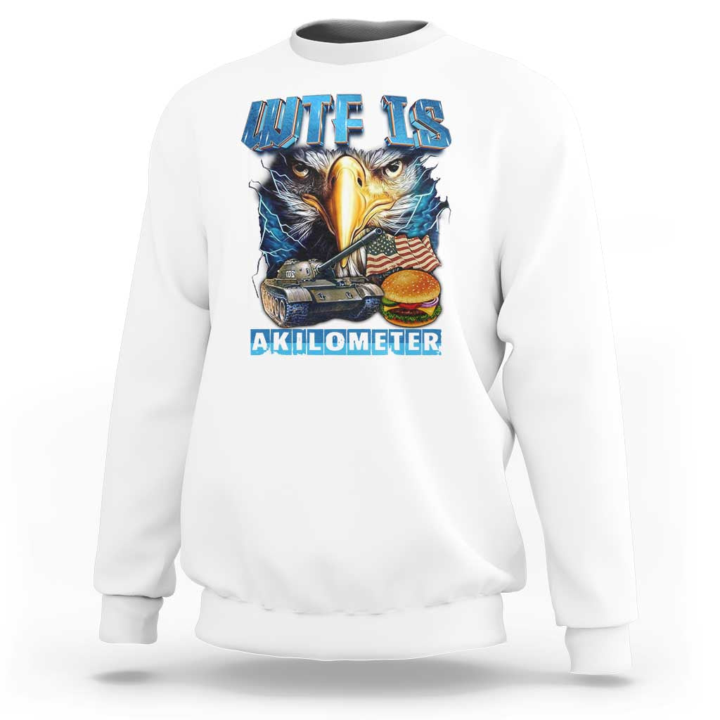 White crewneck sweatshirt with eagle head and AKILOMETER graphic