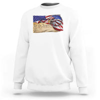 White crewneck sweatshirt with 'We the People' eagle flag graphic on chest