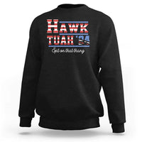 Black crewneck sweatshirt with “HAWK TUAH” graphic and “Spit on that thang” text