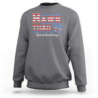 Dark heather crewneck sweatshirt with “HAWK TUAH” graphic and “Spit on that thang” text