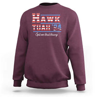 Maroon crewneck sweatshirt with “HAWK TUAH” graphic and “Spit on that thang” text