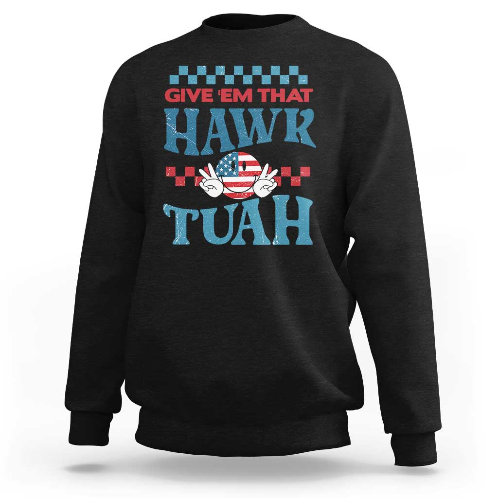 Black groovy sweatshirt with colorful "HAWK TUah" graphic on the chest