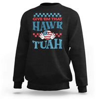 Black groovy sweatshirt with colorful "HAWK TUah" graphic on the chest