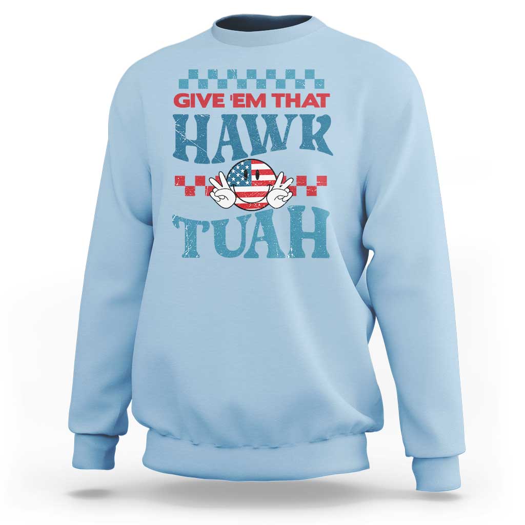 Light blue groovy sweatshirt with colorful "HAWK TUah" graphic on the chest