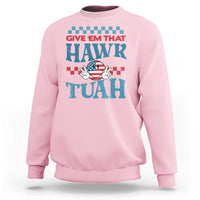 Light pink groovy sweatshirt with colorful "HAWK TUah" graphic on the chest