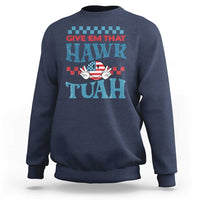 Navy groovy sweatshirt with colorful "HAWK TUah" graphic on the chest