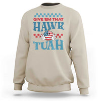 Sand groovy sweatshirt with colorful "HAWK TUah" graphic on the chest